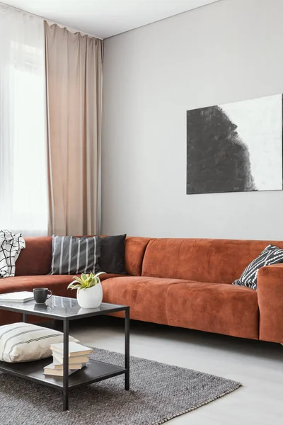 Vista vertical del elegante interior de la sala de estar con cómodo sofá y pintura en blanco y negro —  Fotos de Stock