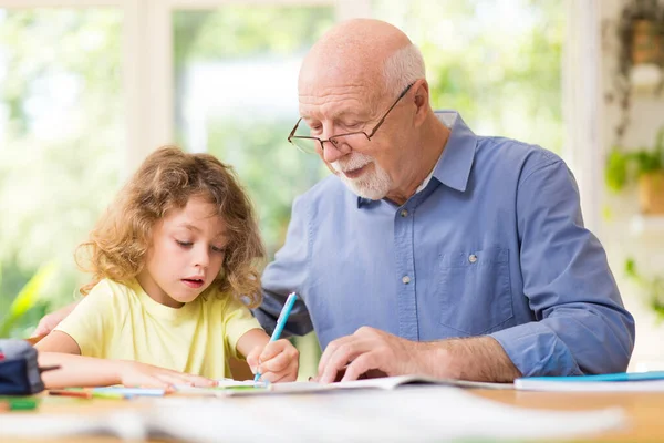 灰色の祖父と彼のかわいい孫は宿題をする — ストック写真