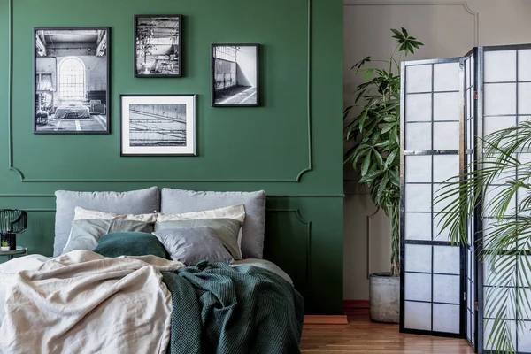 Galerij van zwart-wit posters en foto 's op smaragdgroene muur in trendy slaapkamer — Stockfoto