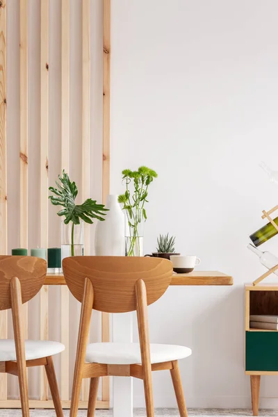 Green plants in small vases on long wooden dining table in bright interior — ストック写真