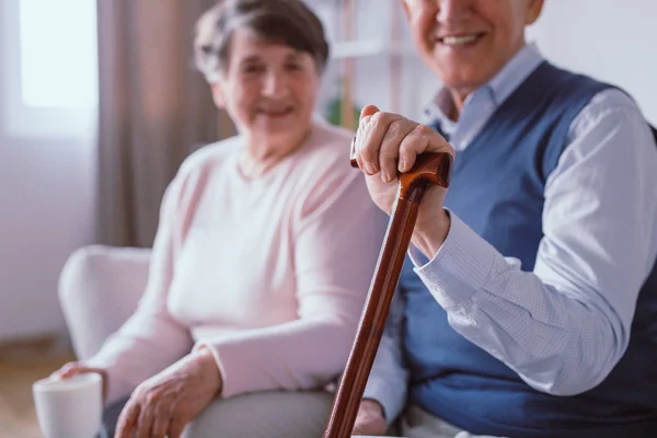 Older Man Walking Stick Sitting Nursing Home His Wife — Stock Photo, Image