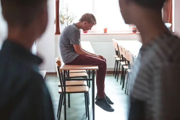 Sad Teenage Boy Sitting Alone School Bullying Children Concept — Stock Photo, Image