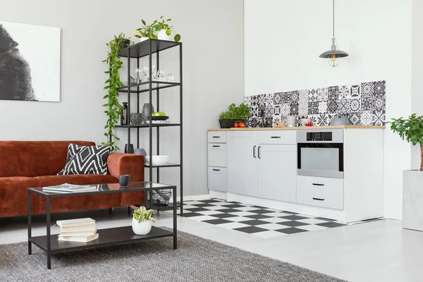 Zwarte Boekenplank Bank Salontafel Open Ruimte Studio Appartement Met Keuken — Stockfoto