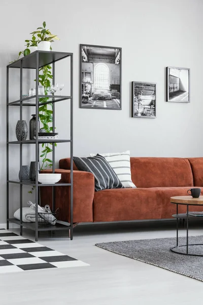 Black Metal Bookshelf Grey Scandinavian Living Room Interior Brown Velvet — Stock Photo, Image