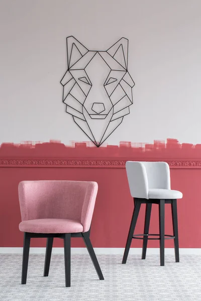 Pastel Pink Grey Velvet Bar Stools Empty Interior Burgundy White — 스톡 사진