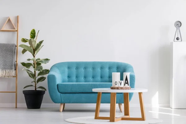 Weißer Holztisch Neben Blauer Eleganter Couch Hellen Wohnzimmerinterieur Mit Pflanze — Stockfoto