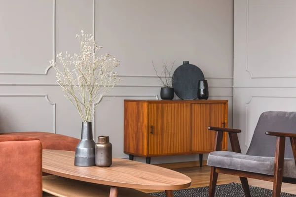 Trendy Vintage Armchair Stylish Scandinavian Living Room Interior Grey Wall — Stock Photo, Image