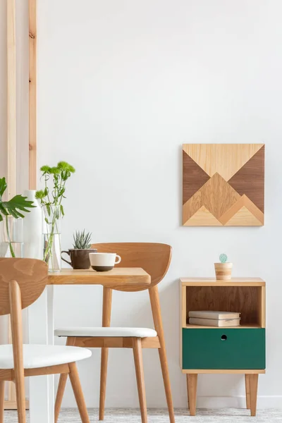 Green Plants Small Vases Long Wooden Dining Table Bright Interior — ストック写真