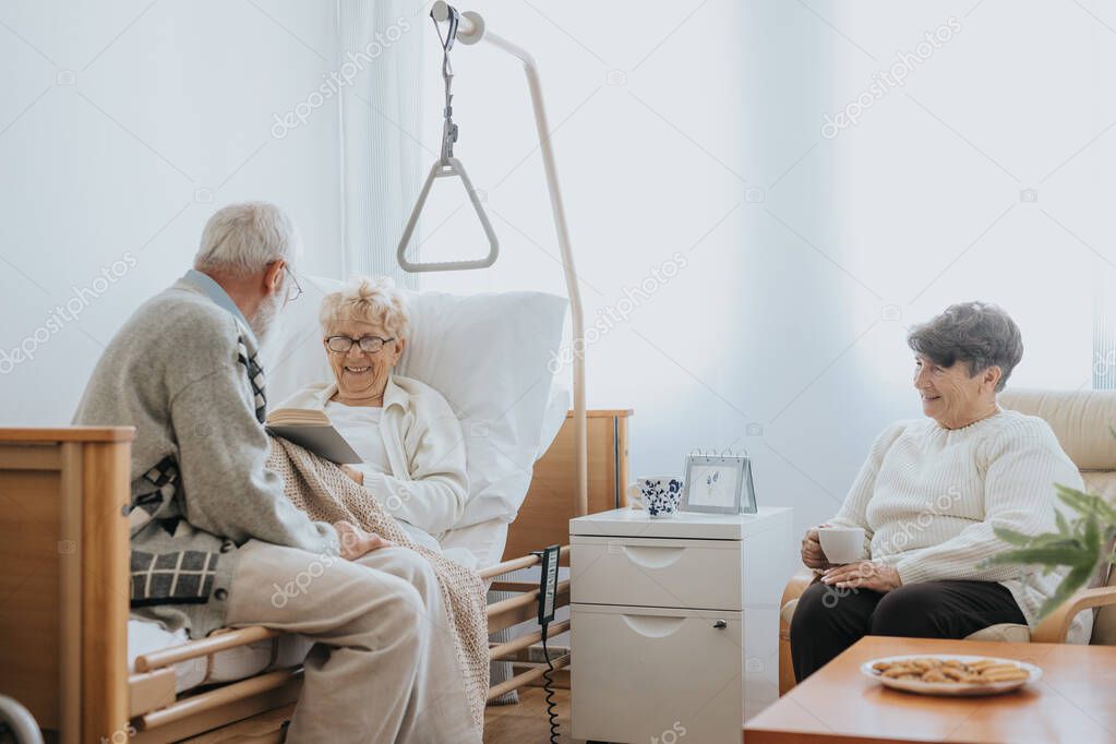 Senior people visiting injured friend in the hospital