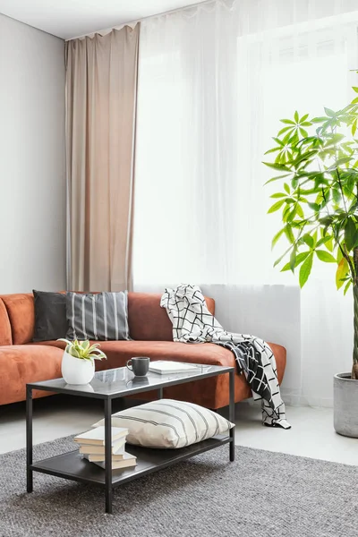 Skandinavischen Stil Geräumigen Wohnzimmer Mit Bequemen Braunen Ecksofa — Stockfoto