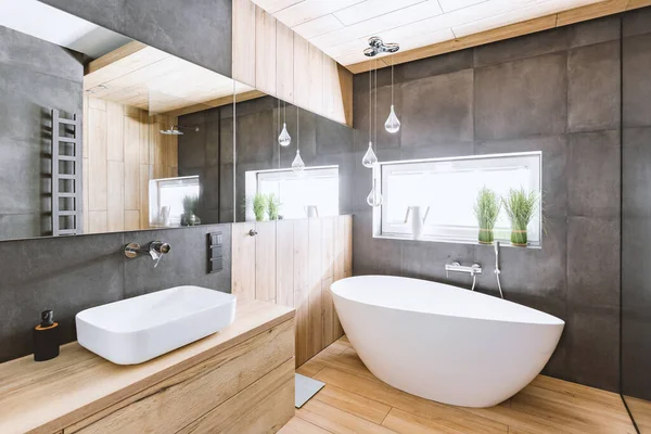 木とコンクリートの壁と白いバスルームとスタイリッシュなバスルーム — ストック写真