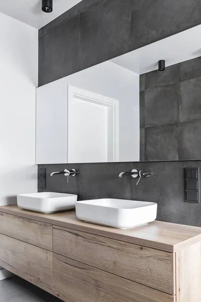 Double Sinks Elegant White Concrete Wooden Bathroom Interior — 스톡 사진