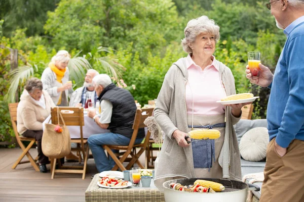 Ältere Männer Und Frauen Unterhalten Sich Beim Grillen Auf Gartenparty lizenzfreie Stockfotos