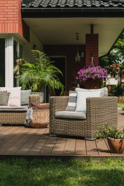 Terasta trendy mobilya ile büyük güzel bahçede yeşil bitkilerin Çok