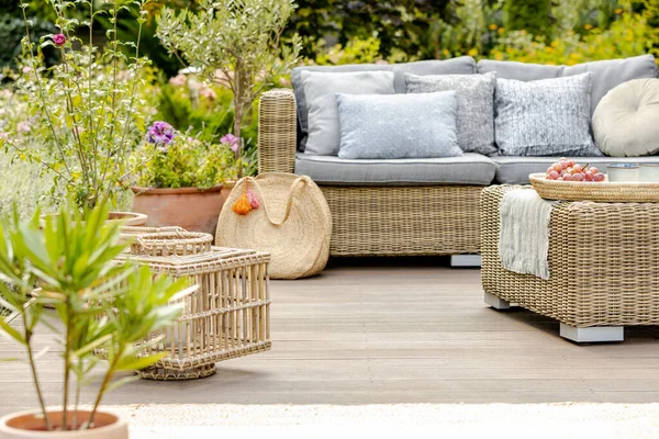 Mobília Jardim Vime Confortável Com Travesseiros Cinzentos Belo Quintal — Fotografia de Stock
