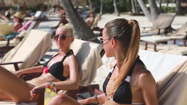 Две девушки в бикини и солнечных очках на пляже — стоковое видео