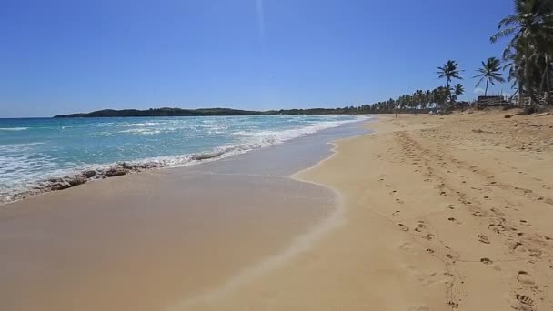黄色の砂とターコイズブルーの大西洋を持つ巨大な空のビーチ — ストック動画