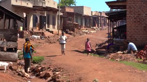 Dezember 2019. afrika, uganda, dorf am viktoriasee. Barfuß arbeitende Kinder — Stockvideo