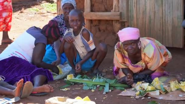 Aralık, 2019. Afrika, Uganda, Victoria Gölü 'ndeki köy. Üç kadın ve bir çocuk yerde oturuyor, meyve kesiyor ve gülüyorlar. — Stok video