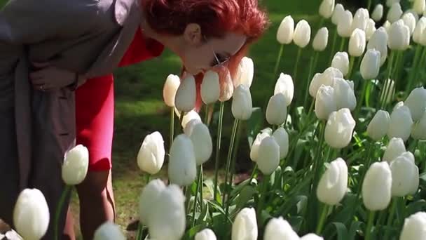 Krásná zrzavá dívka s brýlemi čichá bílé tulipány — Stock video