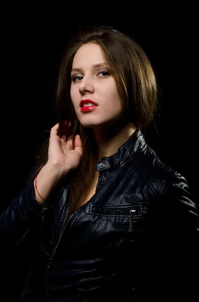 Beautiful girl in leather jacket — Stock Photo, Image