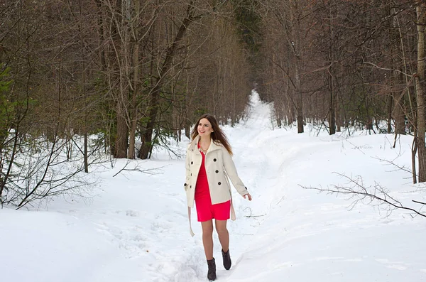 Beautiful girl in dress and coat — Stock Photo, Image