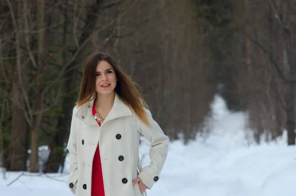 Bella ragazza in abito e cappotto — Foto Stock