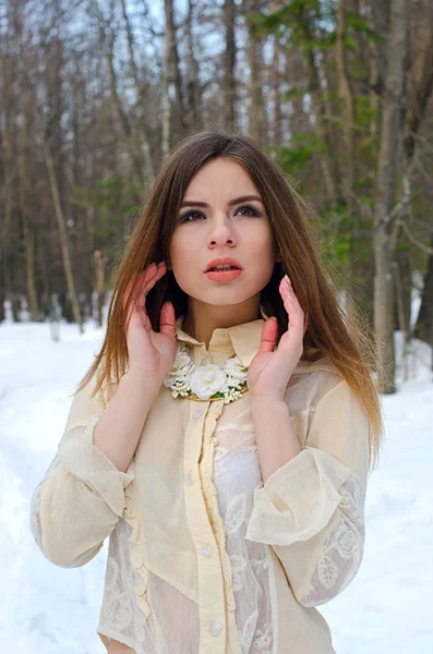 Beautiful girl in a transparent blouse — Stock Photo, Image