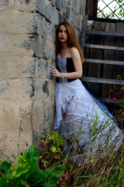 Belle fille en robe à la maison — Photo