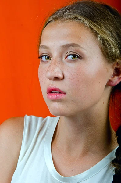 Freckled girl with pigtails — Stock Photo, Image