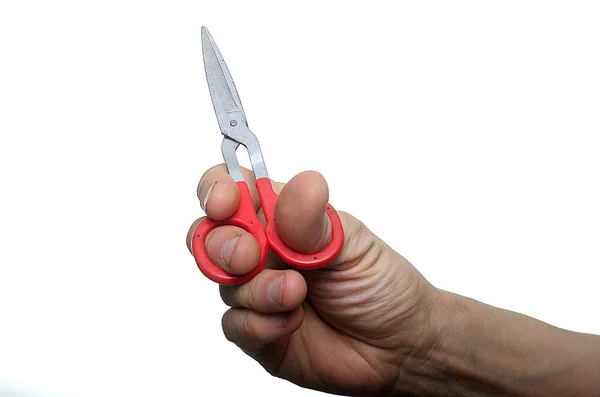 Man Plays Scissors His Hands — Stock Photo, Image