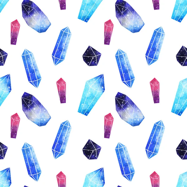 Watercolor gem seamless pattern. Magic crystals background. Hand drawn abstract illustration