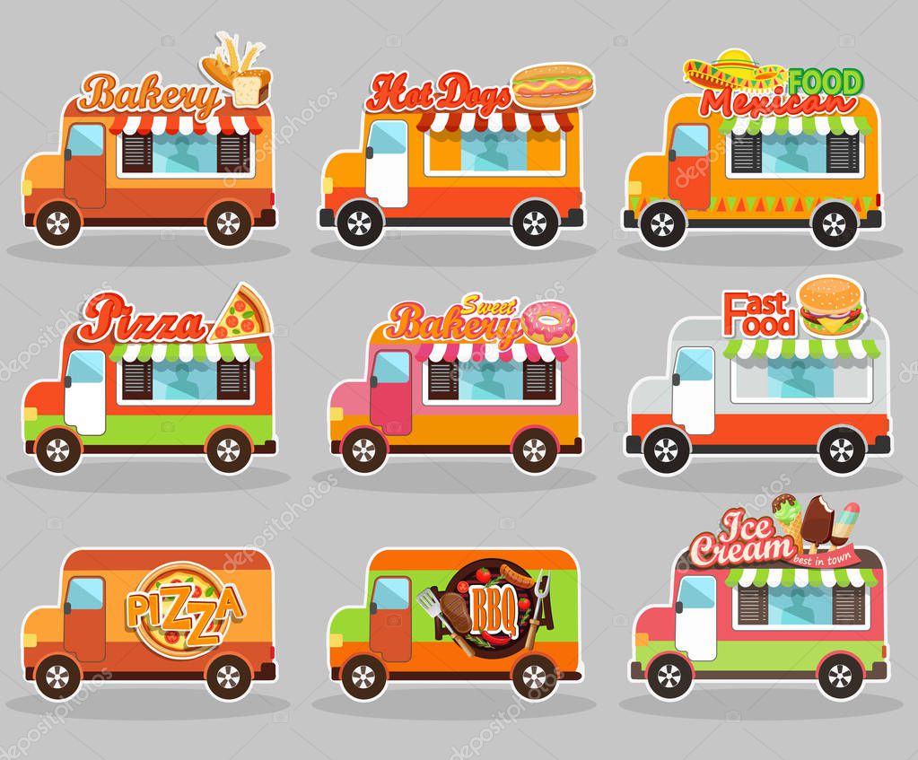 Set of vector illustrations food truck icons - ice cream, BBQ, sweet bakery, hot dog, pizza, mexican and fast food.