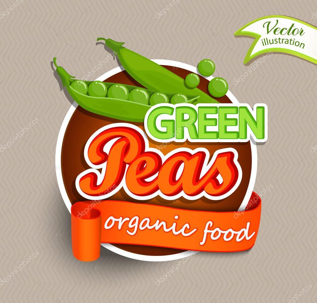 Green peas logo lettering typography food label or sticker. Concept for farmers market, organic food, natural product design.Vector illustration.