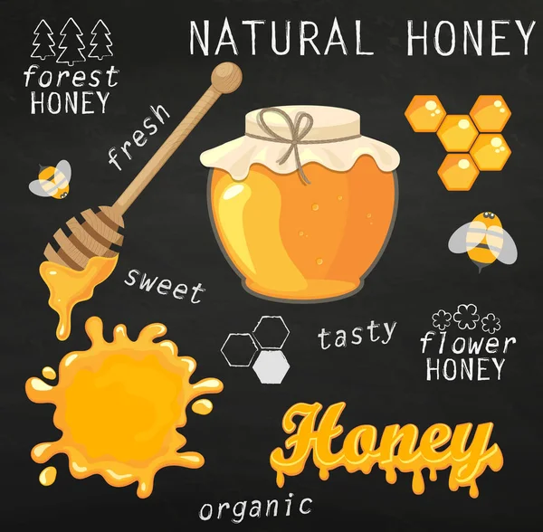 Conjunto de frascos con miel y abejas — Archivo Imágenes Vectoriales