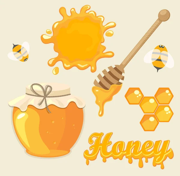 Jogo de jarros com mel e abelhas —  Vetores de Stock