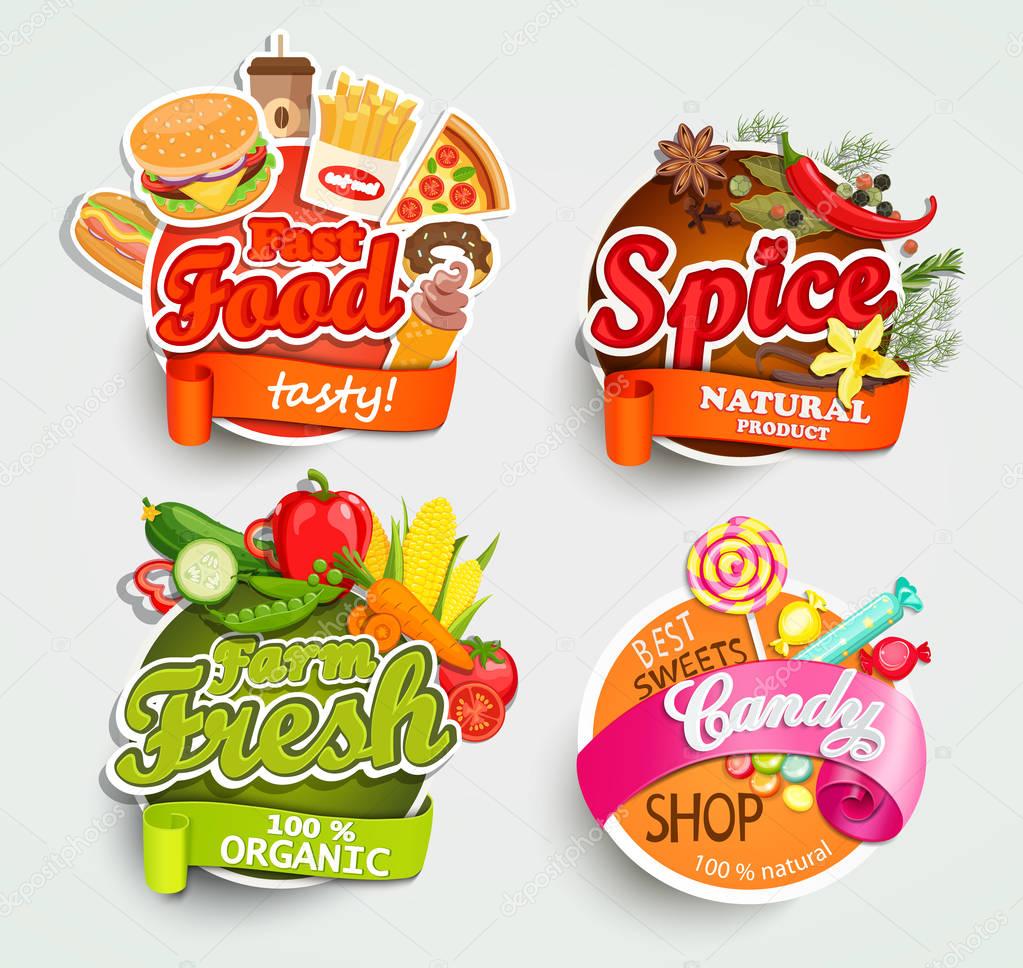 Food elements, typographical design label or sticker - fast food, spice, candy shop, farm fresh - design template. Vector illustration.