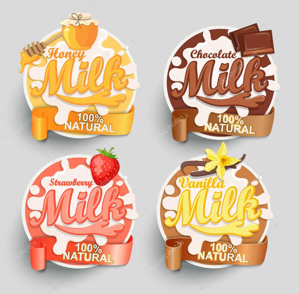 The honey, chocolate, strawberry and vanilla milk logo set vector illustration.