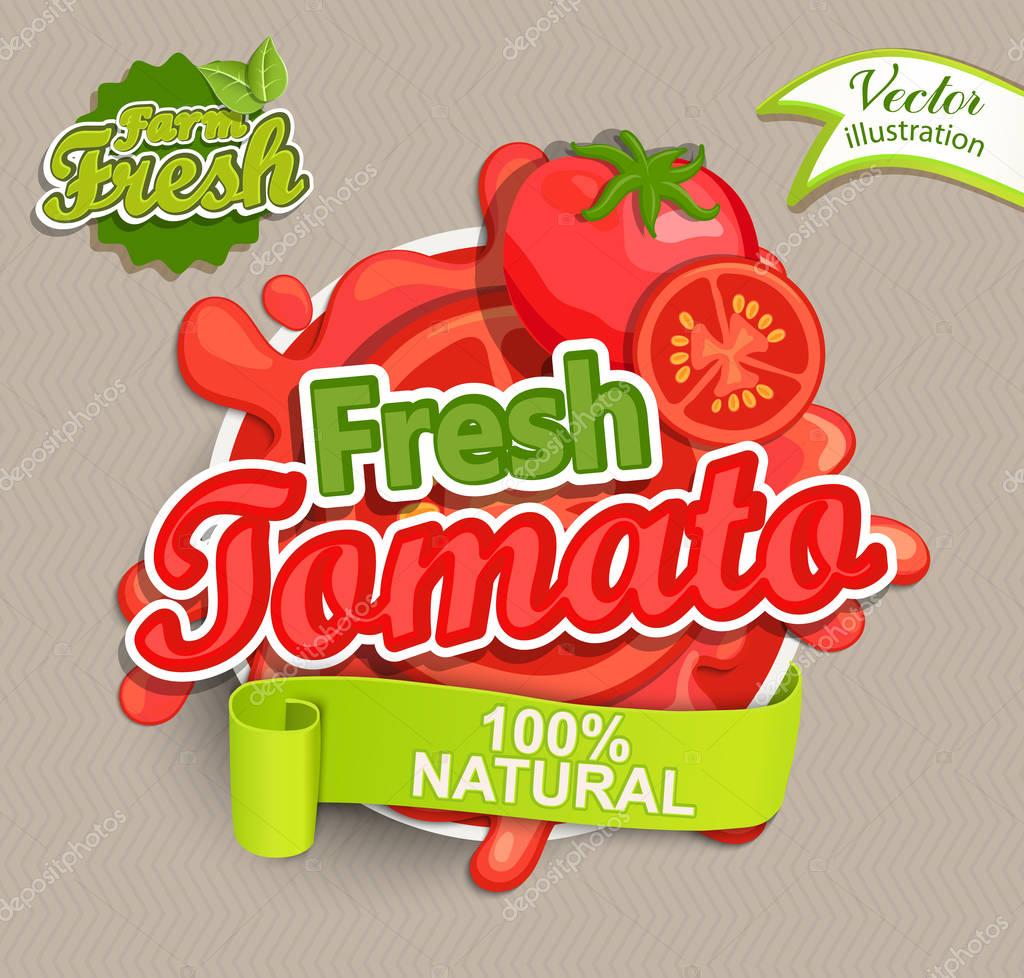 Fresh tomato logo lettering typography food label or sticker. Concept for farmers market, organic food, natural product design.Vector illustration.