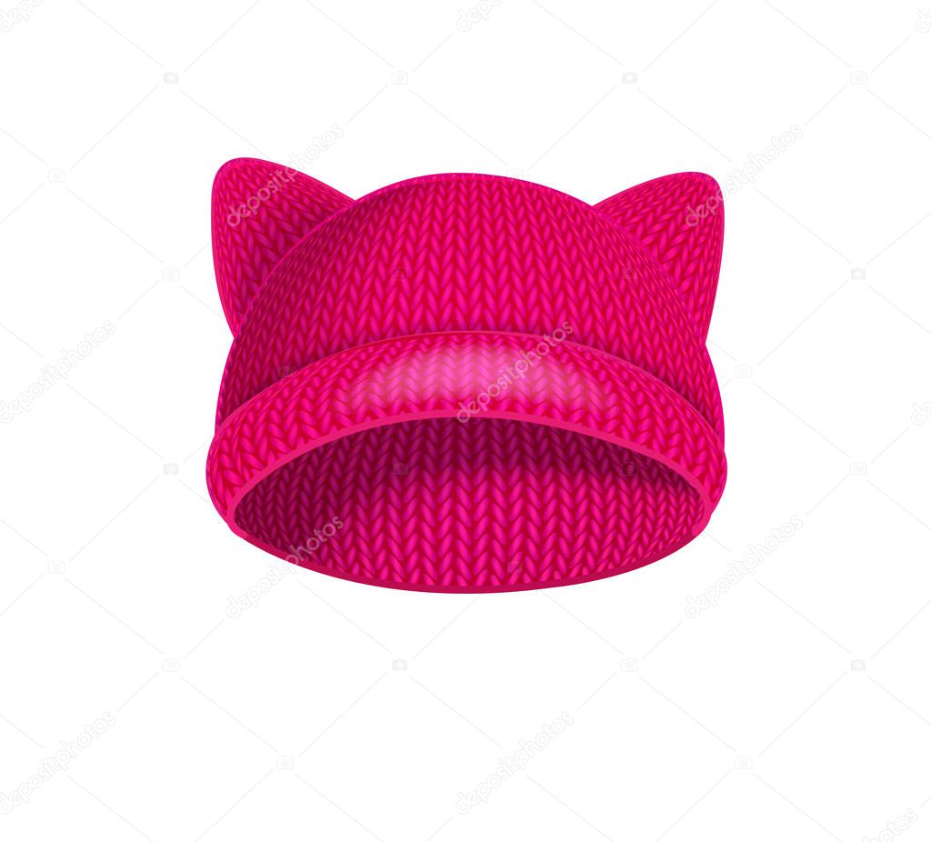 Pink knitted hat with cat ears.