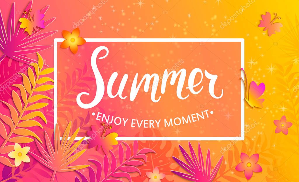 Summer card with butterflies, flowers and tropical leaves. Vector illustration.