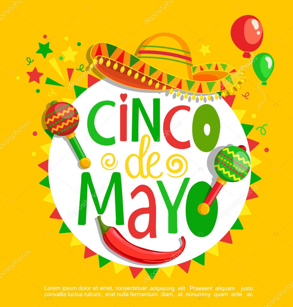 Cinco De Mayo, lettering on holiday background, poster, banner, greeting card for announcement, invitation and party.