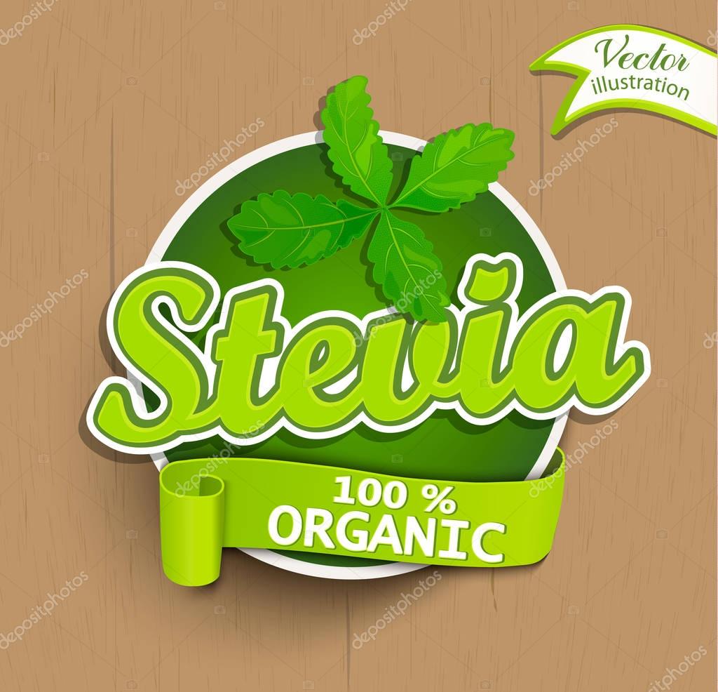 Green Stevia logo lettering typography food label or sticker. Concept for farmers market, organic food, natural product design.Vector illustration.