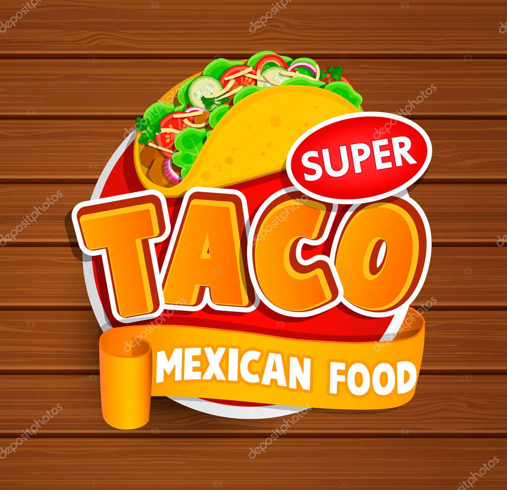 Taco mexican food logo and food label or sticker. Concept of mexican food, traditional product design for shops, markets.Vector illustration.