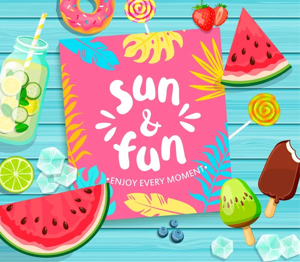 Sun and Fun lettering on blue — Stock Vector