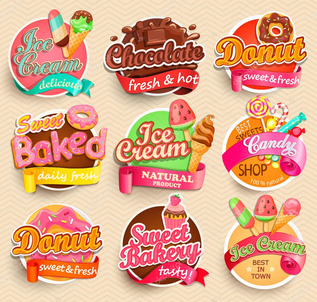 Set of sweet food labels. Vector illustration for cafe and restaurant menu.