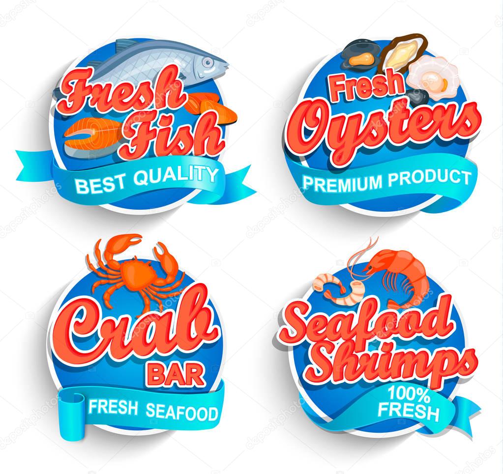 Set of fresh seafood logos and emblems. Fresh fish, oysters, shrimps and crab bar. Vector illustration. For markets, shops and your design.