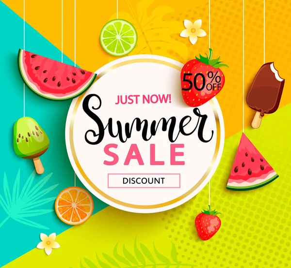 Πώληση καλοκαίρι με φρούτα. — Διανυσματικό Αρχείο