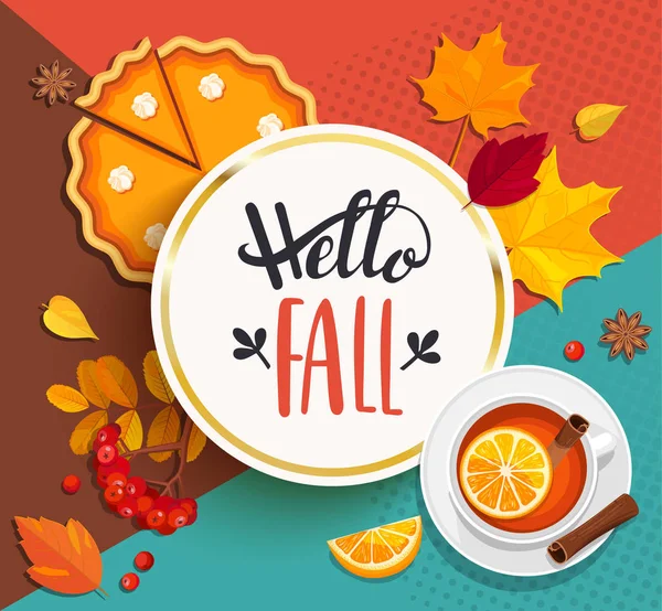 Hello Fall lettering em moldura de ouro . —  Vetores de Stock