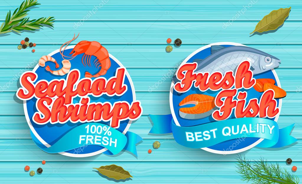 Seafood logos on blue wooden background. Seafood shrimps and fresh fish emblems and logos. Vector illustration.